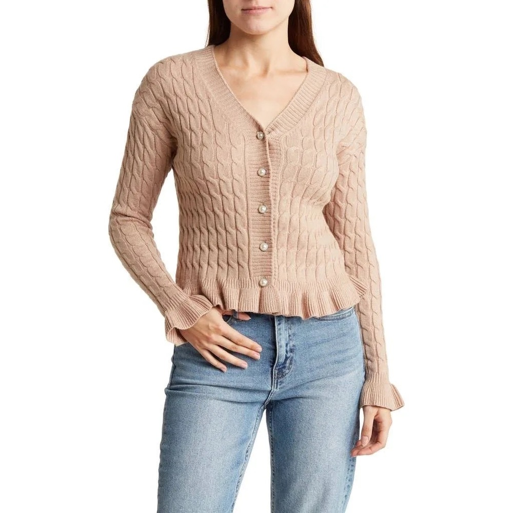 Cotton Emporium Faux Pearl Cable Knit Ruffle Trim Cardigan Tan Size Medium